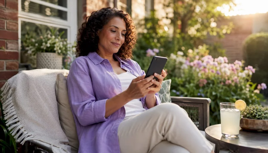 Woman using smartphone at kitchen table with groceries