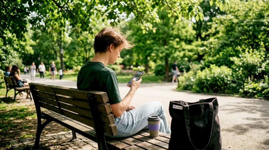 Jeune adulte consultant une offre de remise sur des appareils num&eacute;riques