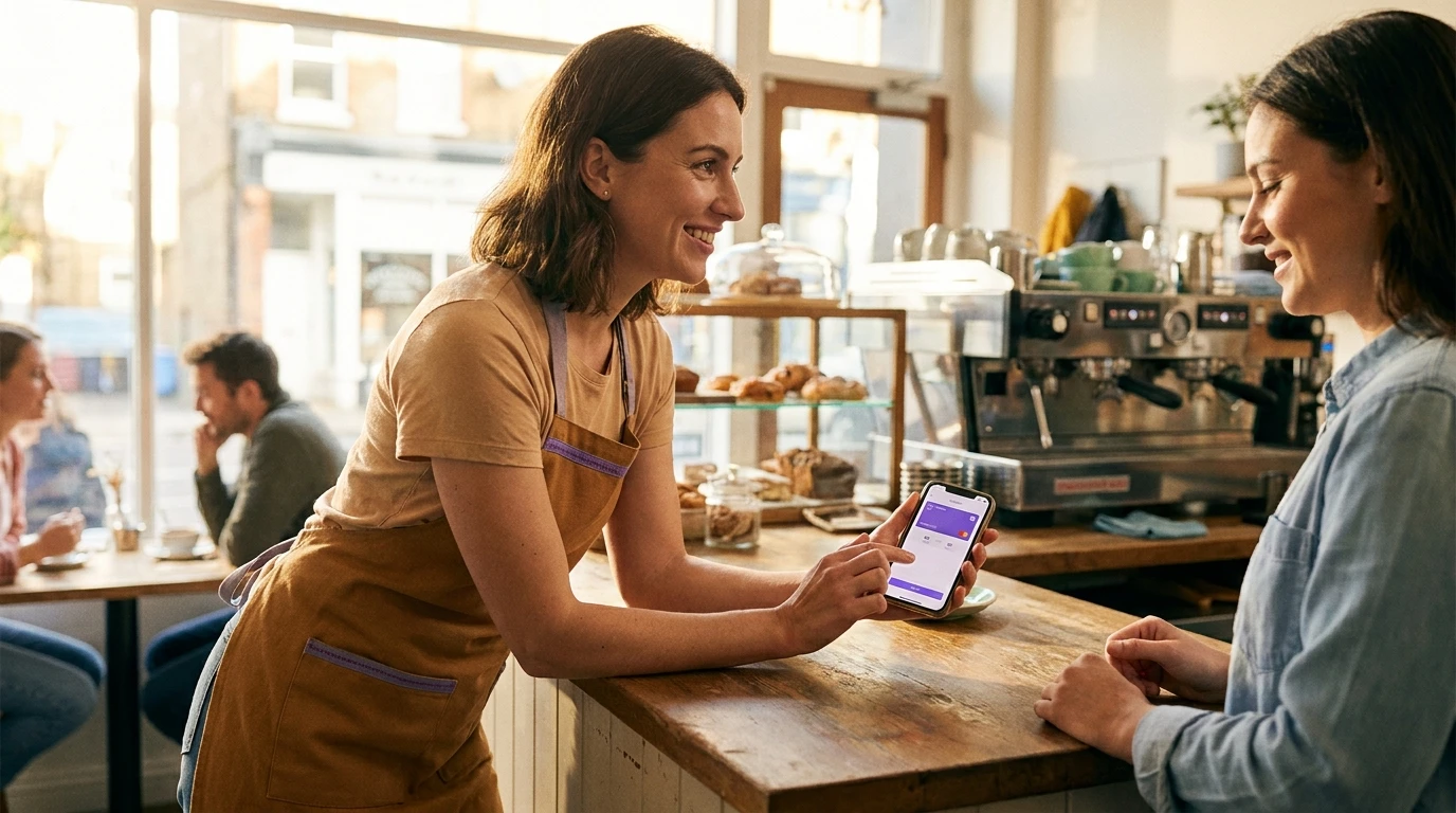 Café owner showing digital loyalty card program on smartphone to customer