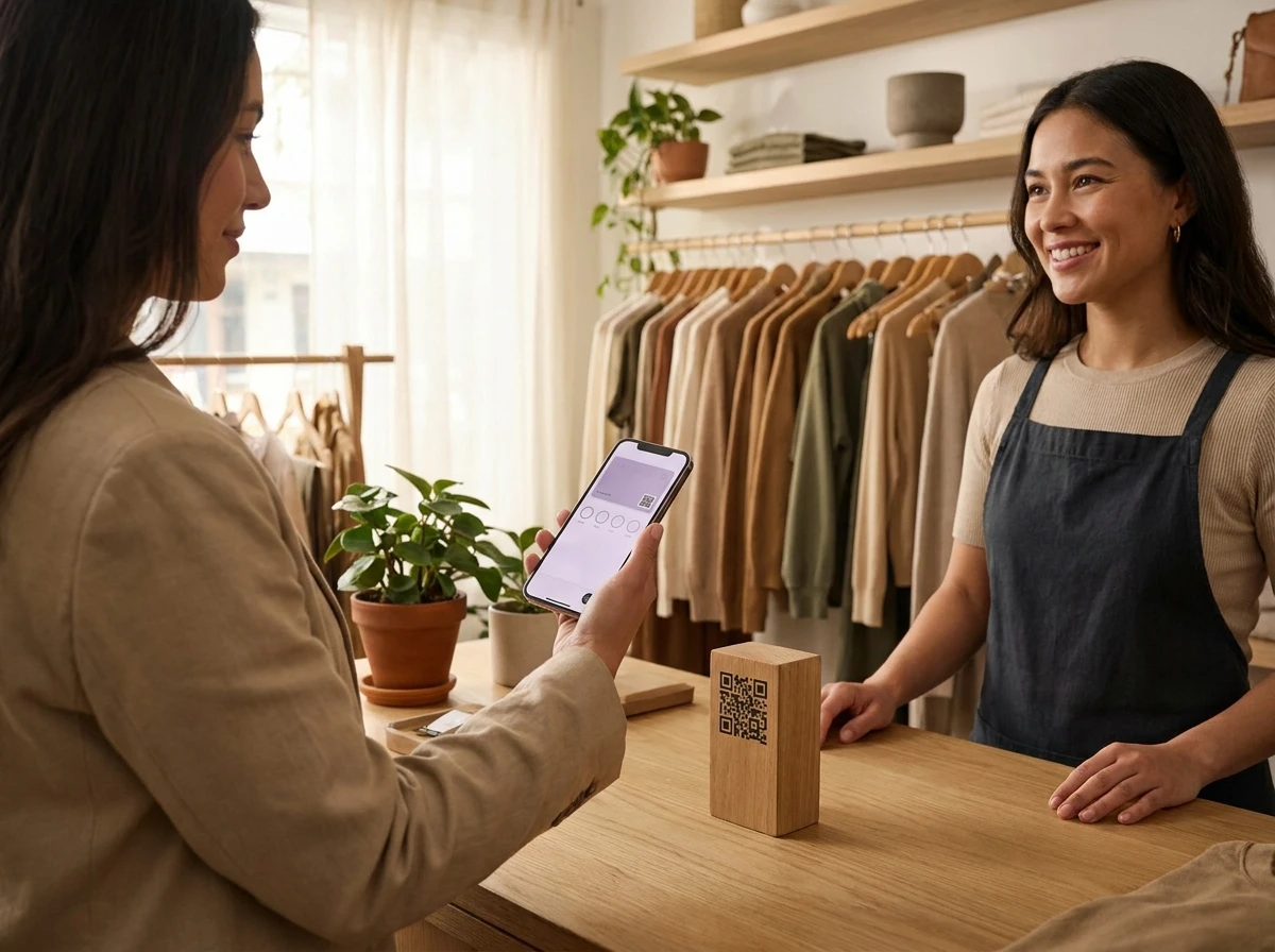 Retail shop owner reviewing loyalty card analytics on a laptop