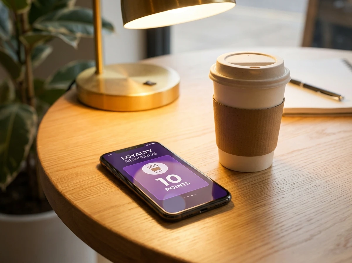 Smartphone showing digital loyalty card QR code on a café table