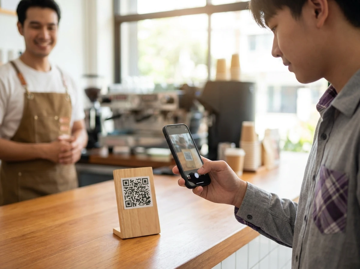 Ügyfél QR-kódot szkennel kávézó pultjánál