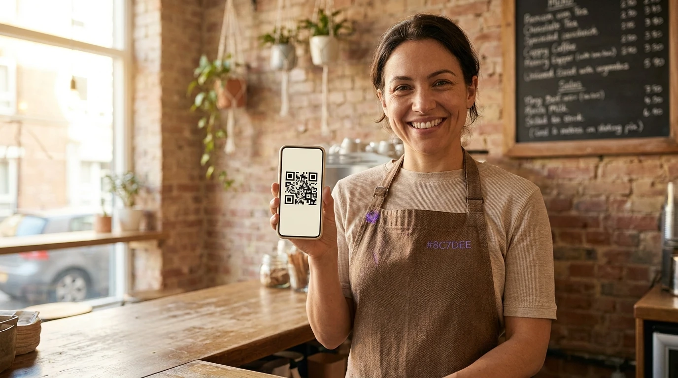Propriétaire de café montrant une carte de fidélité QR numérique sur smartphone