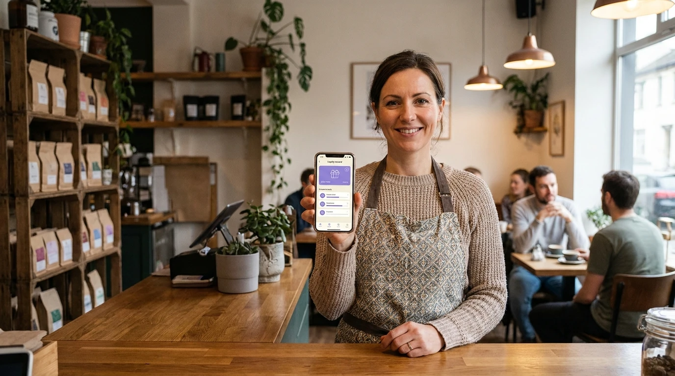 Propriétaire de café montrant une carte de récompenses fidélité numérique sur smartphone