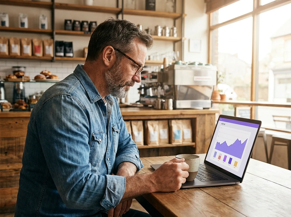 Chef d'entreprise consultant les statistiques du programme de fidélité sur un ordinateur portable