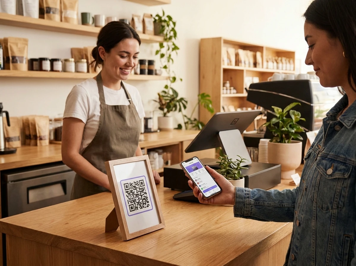 Client scannant un code QR à la caisse d'un commerce