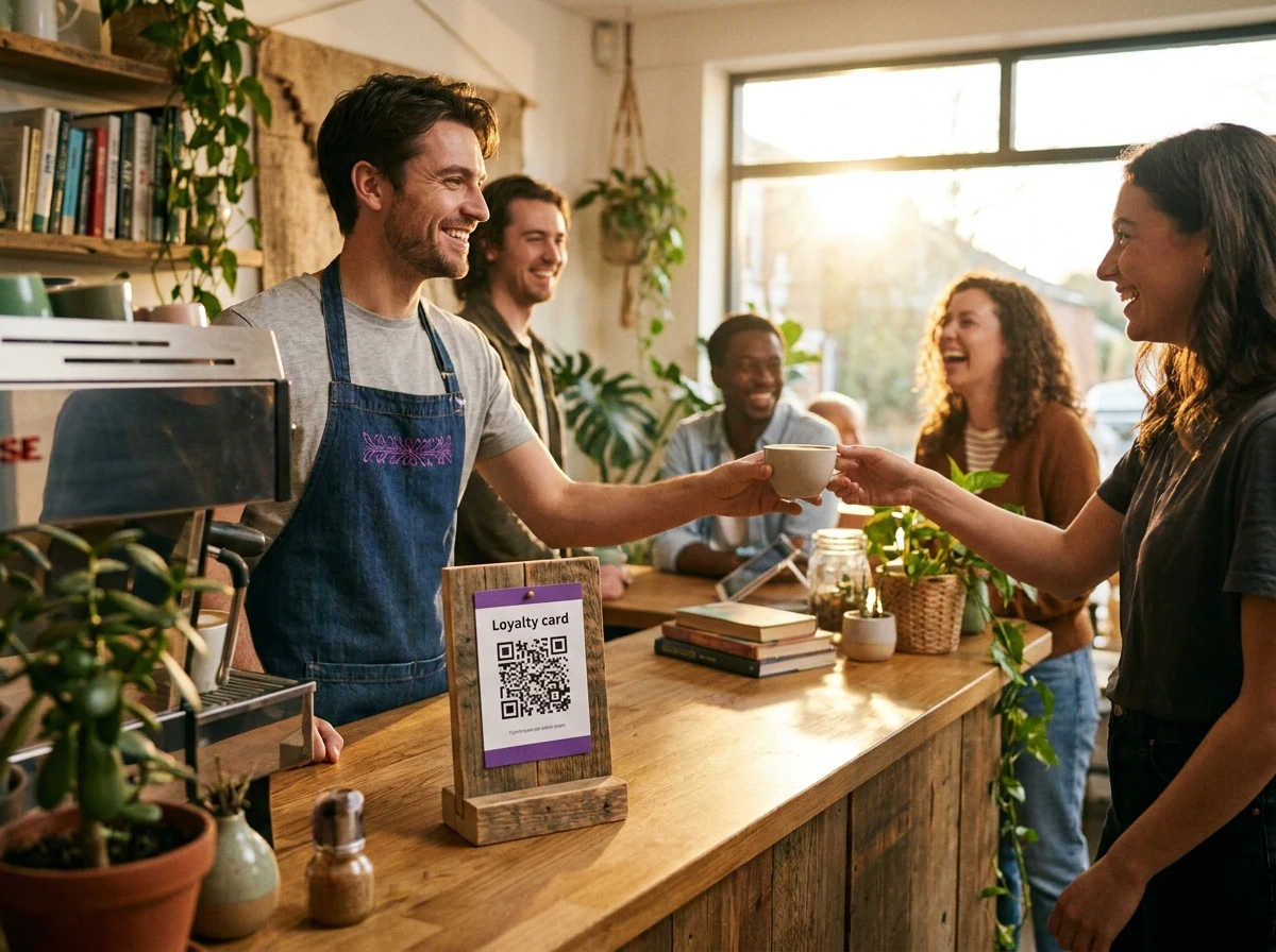 Mostrador de cafetería con QR de fidelización y clientes satisfechos