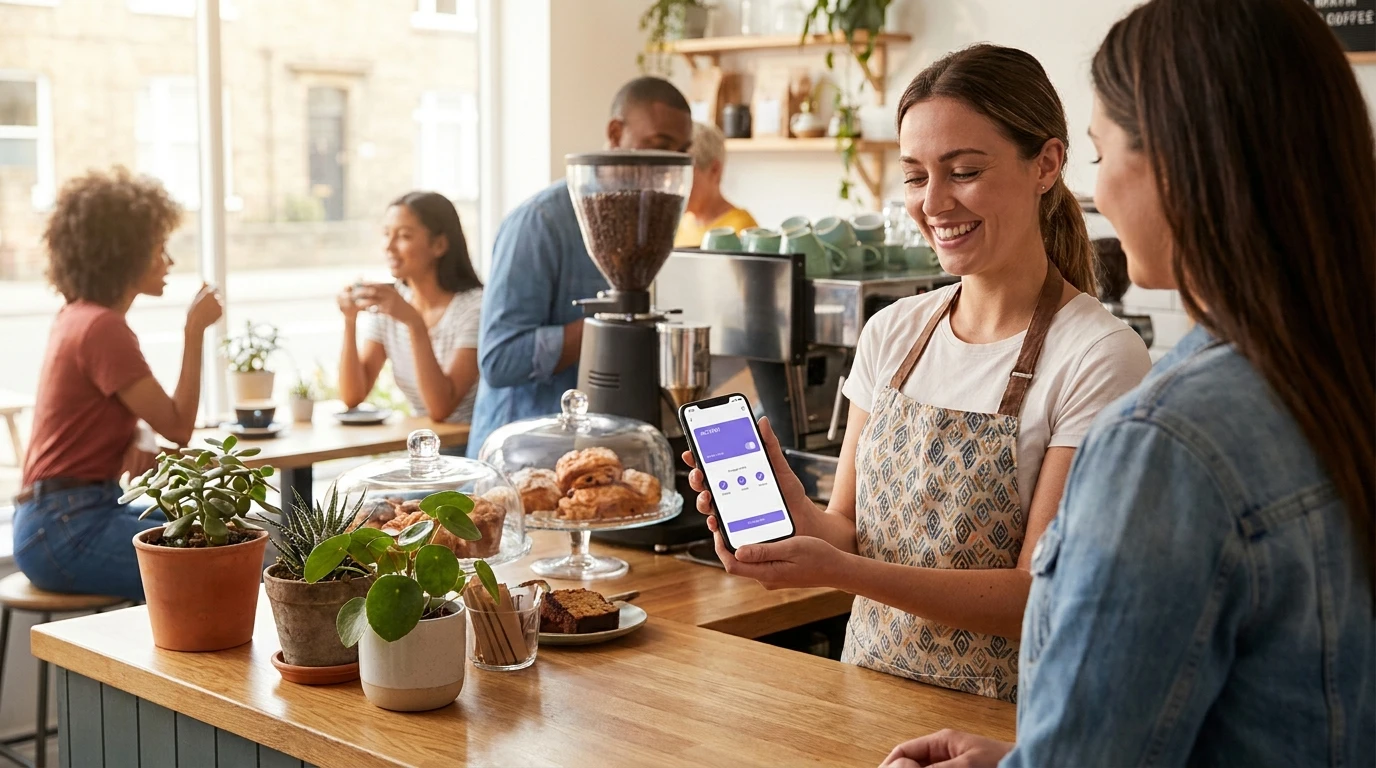 Baristka ukazuje zákazníkovi digitální věrnostní program na smartphonu