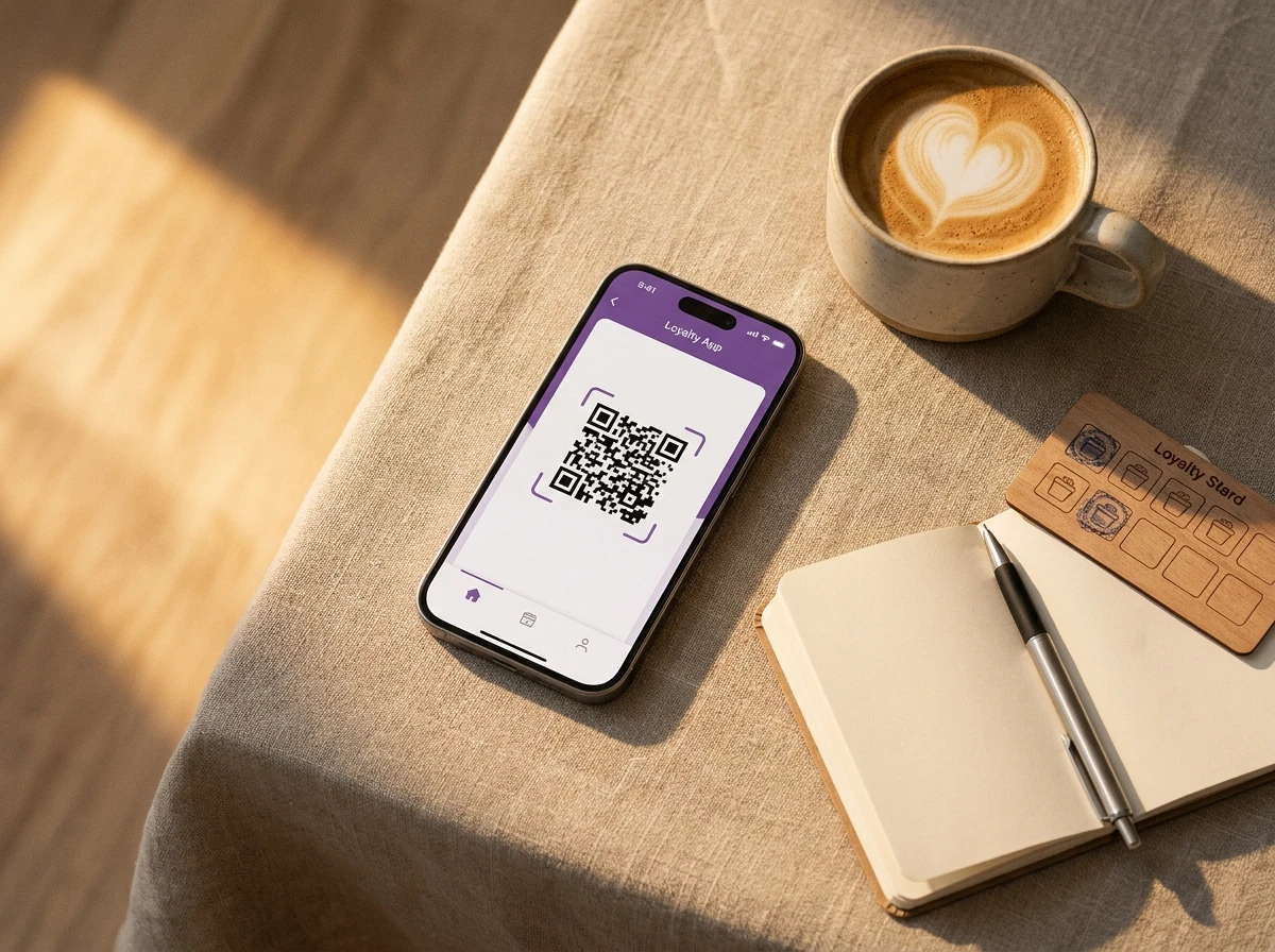QR kód věrnostního programu na smartphonu s šálkem kávy