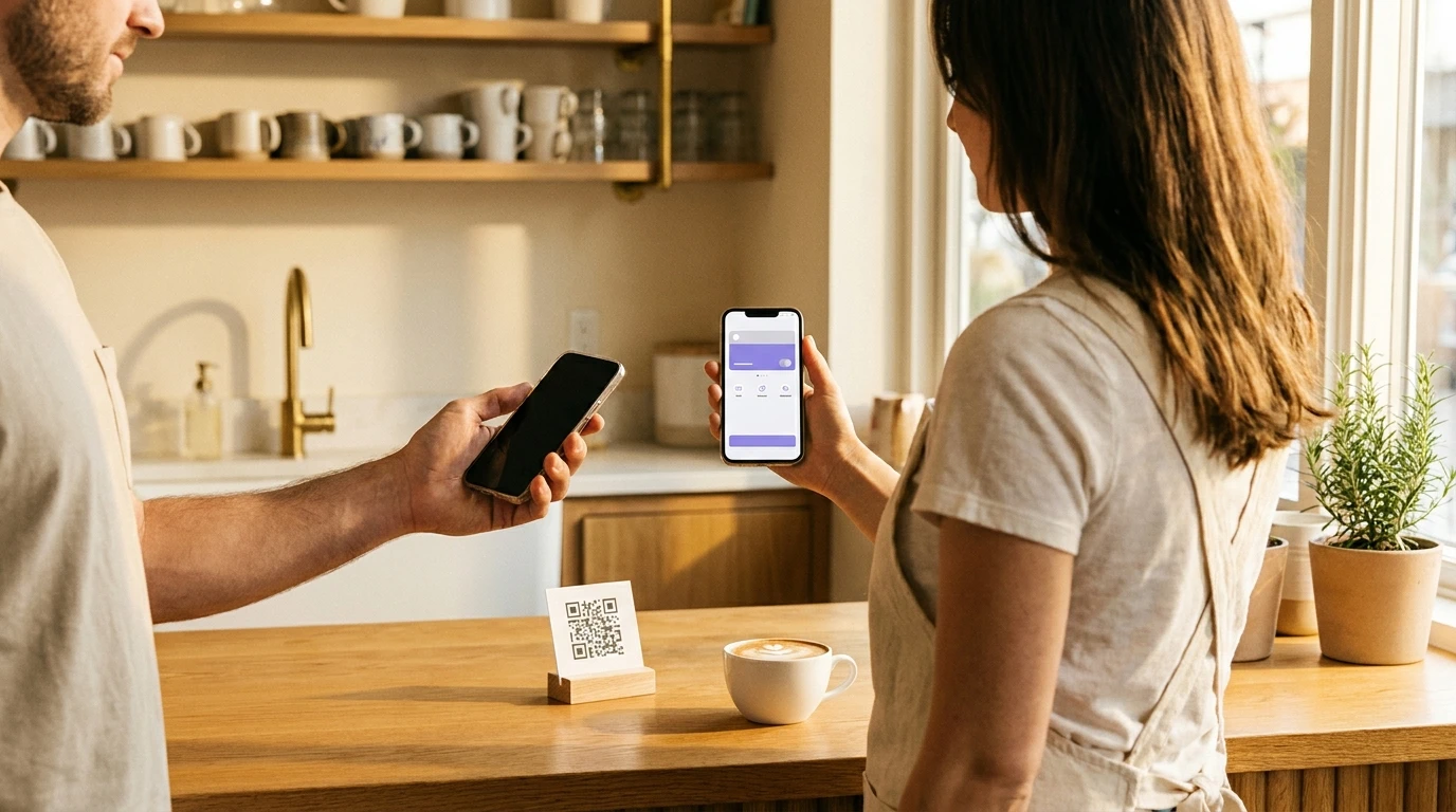 Egy kávézó baristája digitális hűségkártyát mutató telefont nyújt át egy QR-kódot szkennelő vendégnek