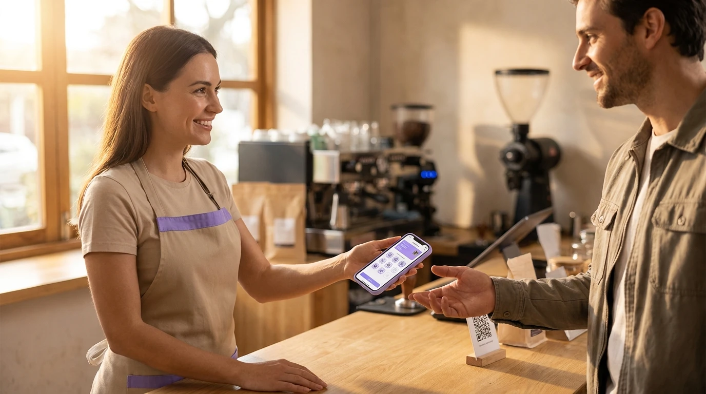 Cafébesitzer und Kunde nutzen eine digitale Treuekarte am Telefon