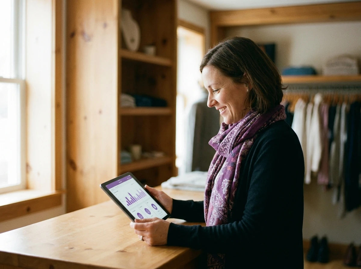 Ladenbesitzer überprüft das Treueprogramm-Dashboard auf einem Tablet