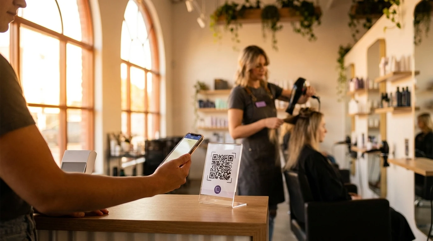 Kunde scannt QR-Code an der Salonkasse und sammelt Treuemarken