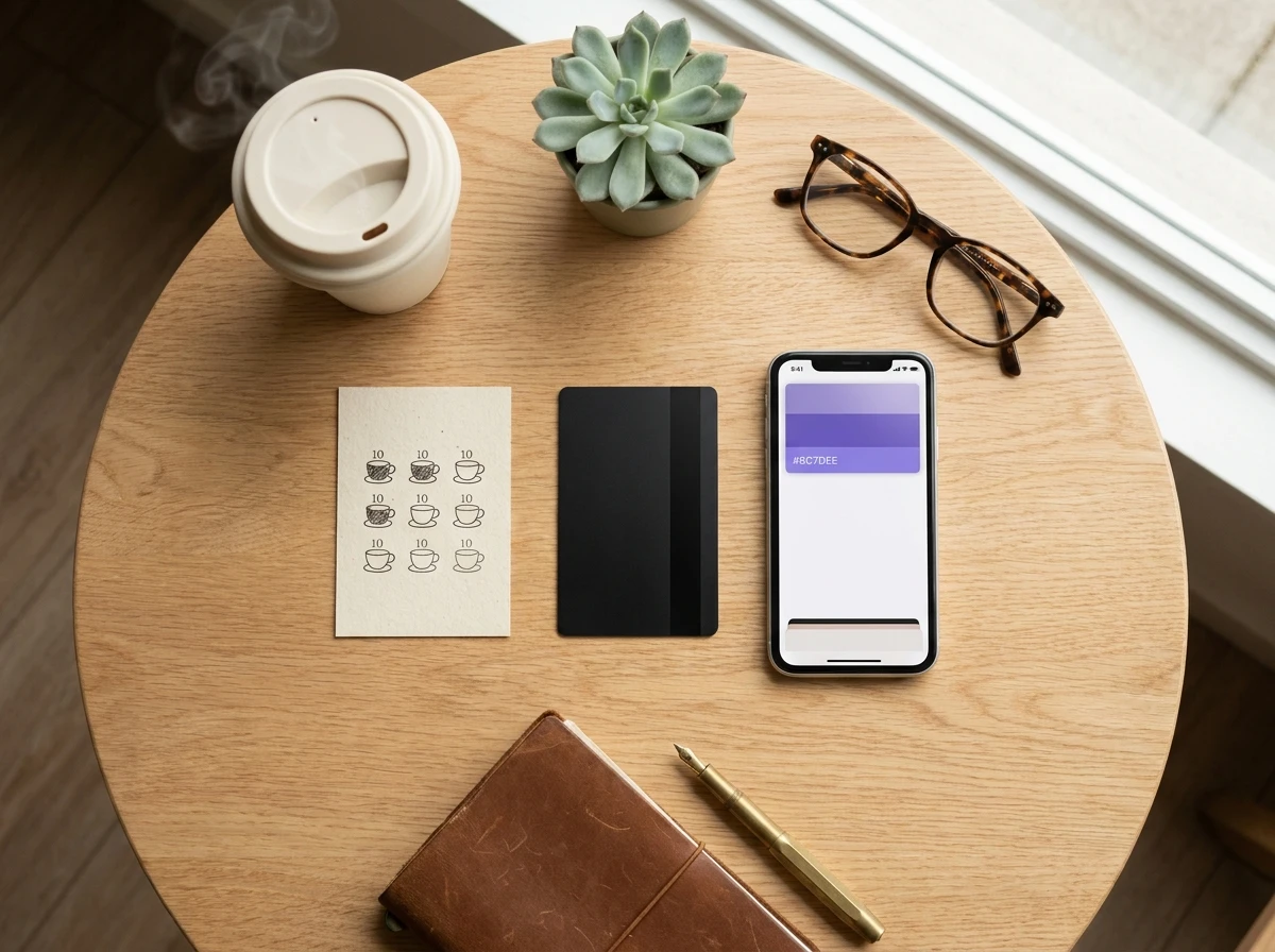 Trzy karty lojalnościowe na stoliku w kawiarni — papierowa karta z pieczątkami, karta punktowa i cyfrowy wallet pass na smartfonie