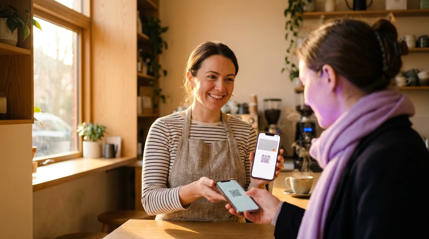 Propriétaire de café montrant une carte de fidélité numérique avec QR sur son téléphone