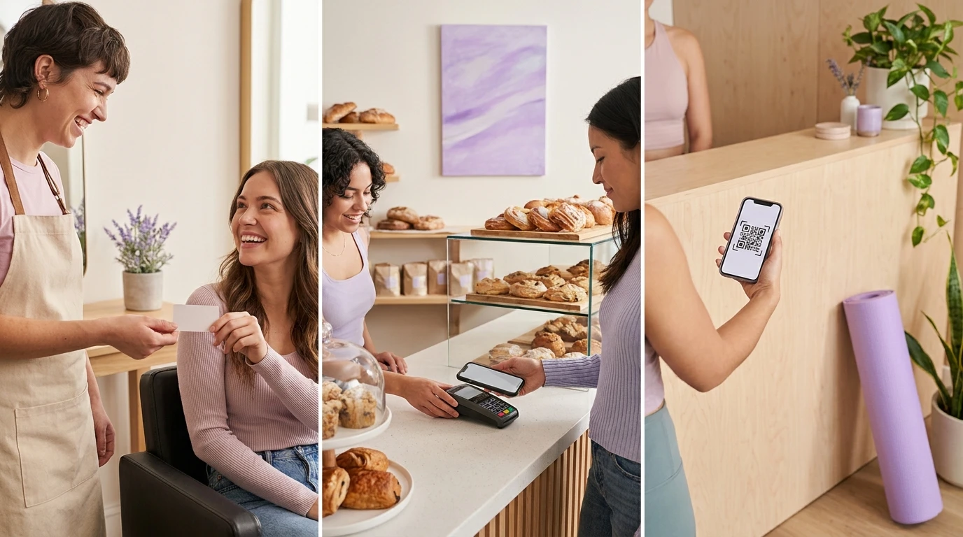 Trois petits commerçants utilisant une plateforme de fidélité — salon, boulangerie, studio de yoga