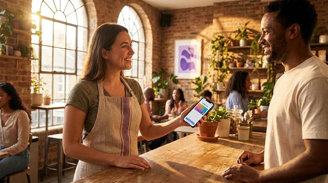 Propriétaire d'un café montrant une carte de programme de fidélité numérique sur smartphone
