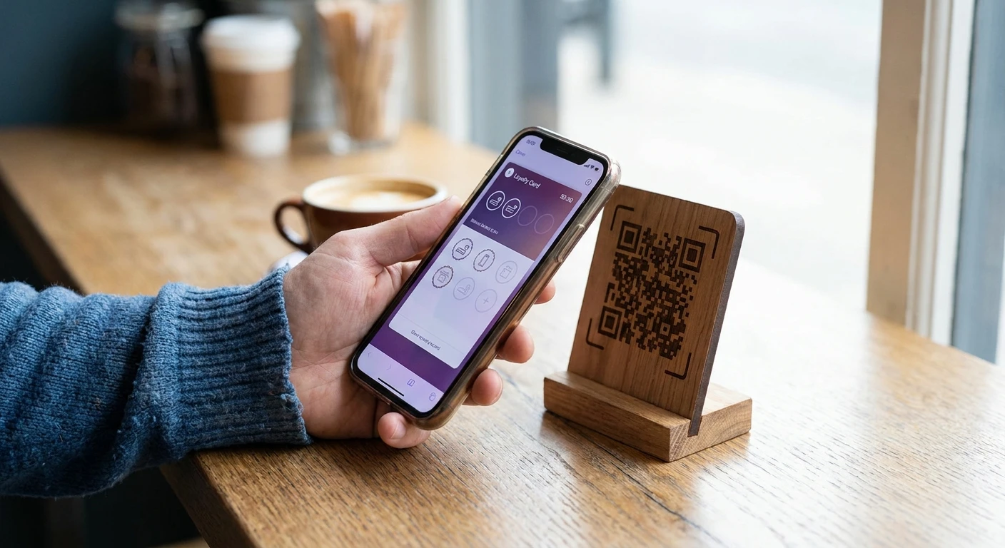 Client scannant un QR code pour ajouter sa carte de fidélité au portefeuille smartphone