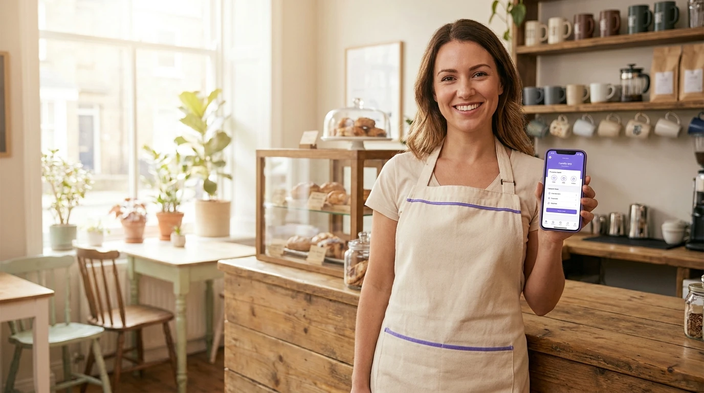 Small business owner launching a free digital loyalty program on a smartphone