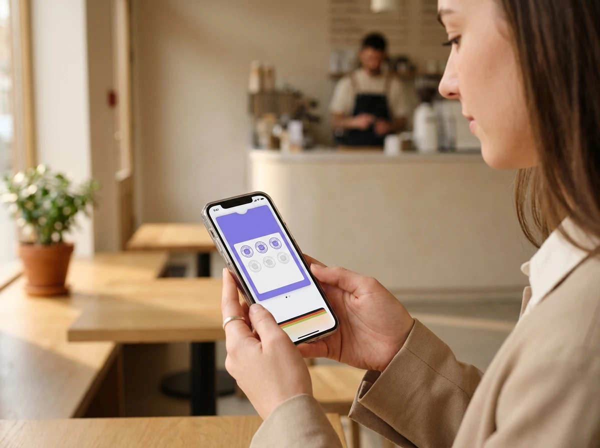 Customer saving a digital loyalty card to their Apple Wallet at a café checkout