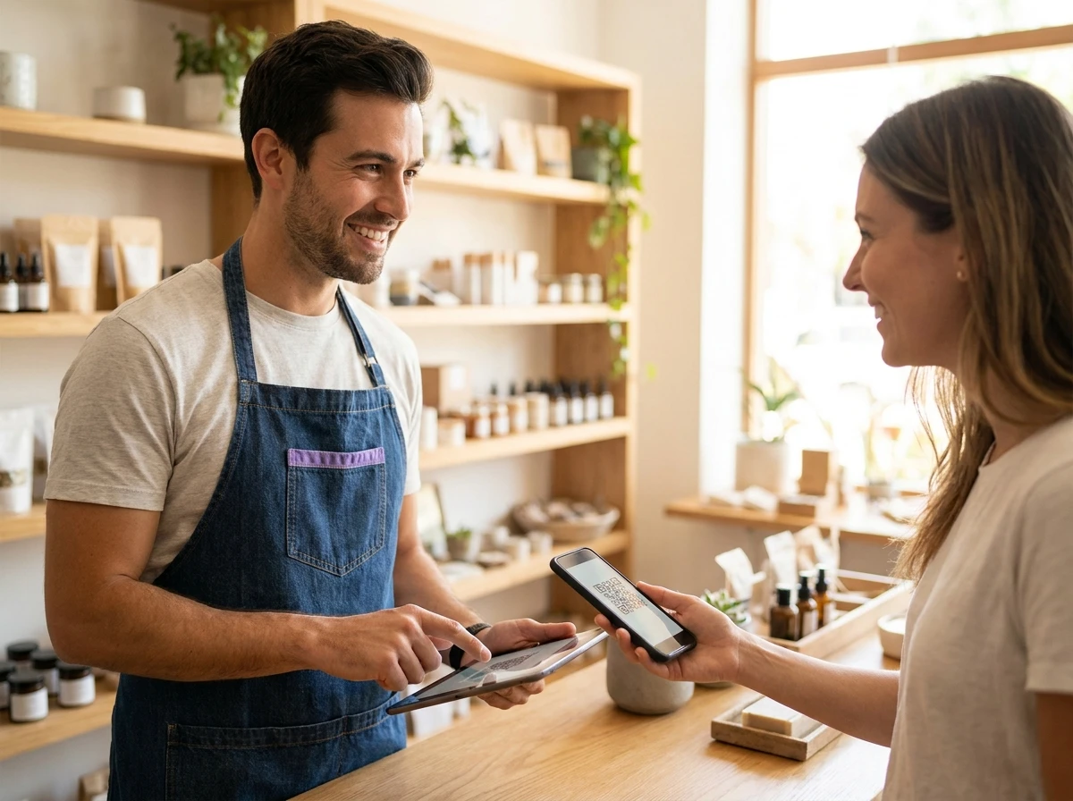 Business owner scanning a customer QR code at a retail store checkout counter