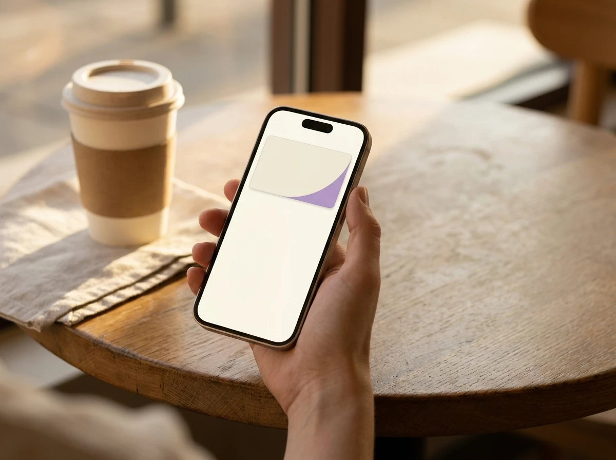 Ügyfél okostelefont tart digitális hűségkártyával a pénztárcában, megmutatva a jutalomsaldót