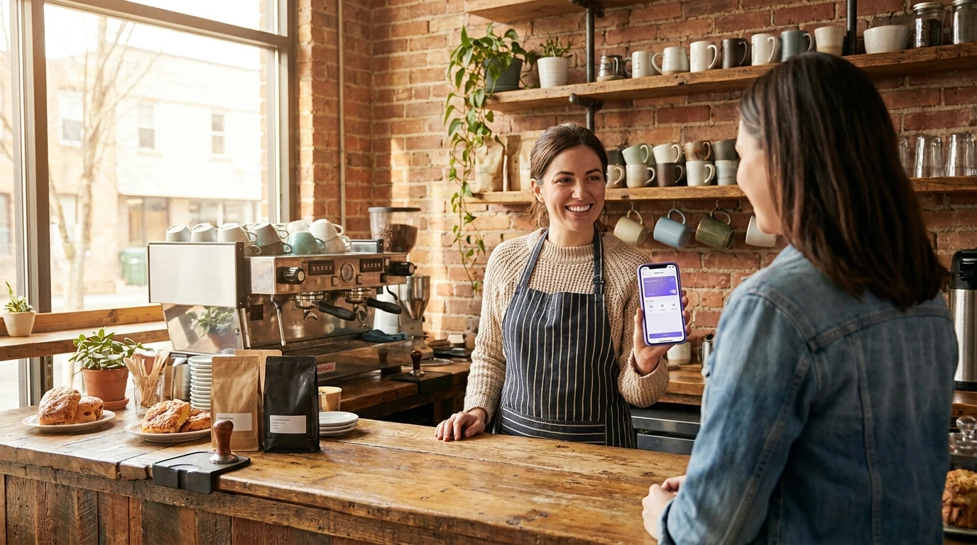 Majitelka kavárny ukazuje digitální věrnostní kartu zákazníkovi