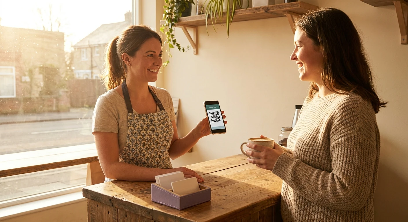 Kávézótulajdonos digitális QR-kód hűségprogramot mutat az ügyfélnek
