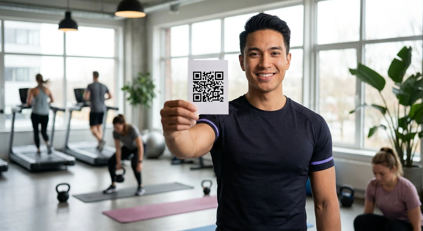 Edzőtermi tulajdonos nyomtatott QR-kód kártyát tart a hűségprogramhoz