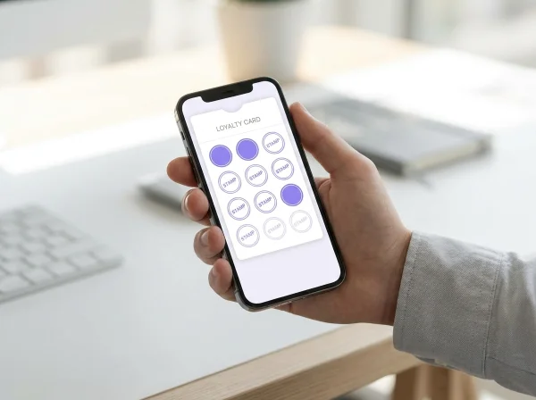 Digital stamp card loyalty program shown in Apple Wallet on a smartphone